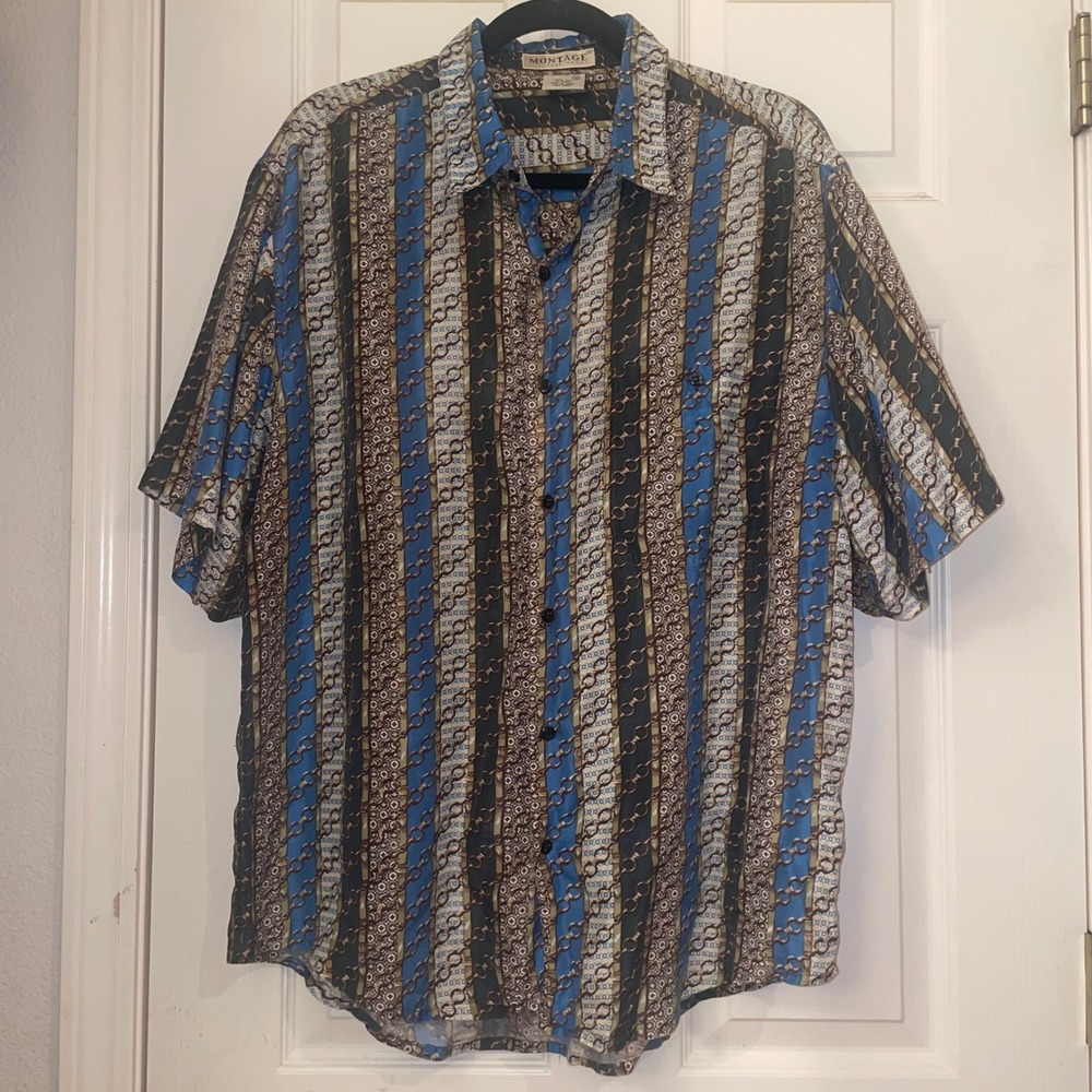 Montage Pour‎ Homme Mens Silk Shirt Vintage Chain Link Stripe Blue Gold Medium